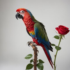 Obraz premium A colorful parrot with vibrant feathers perched gracefully on a single red rose stem, set against a pure white background.