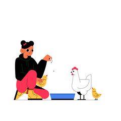 Female Character Feeding Chickens In Flat Vector Illustration Symbolizing Farming, Poultry Care, And Sustainable Agriculture, Isolated On White Background