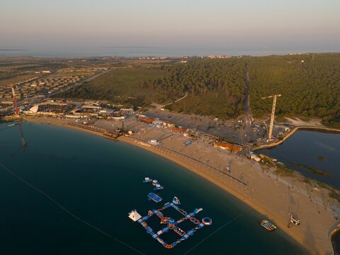 Aerial view of a beach with an inflatable water park. Zrce, Novalja, Croatia