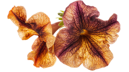 Close-up view of a vibrant Petunia flower, showcasing its intricate details and rich color palette. The image highlights the flower's texture and veins, creating a visually stunning botanical study.