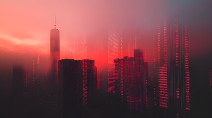 A city skyline with a fading overlay of stock market indicators, symbolizing the widespread impact of economic risk on urban economies and market stability. 