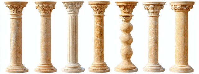 White Marble Columns Showcasing Various Architectural Styles, Isolated on White Background, Classic, Elegant, Historical, Structural Design