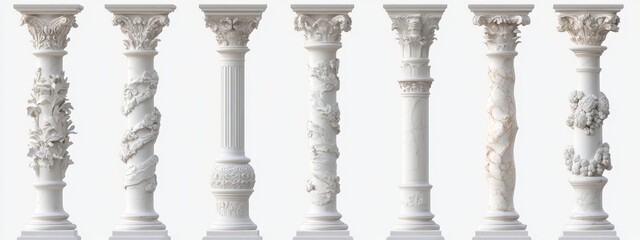 White Marble Columns Showcasing Various Architectural Styles, Isolated on White Background, Classic, Elegant, Historical, Structural Design