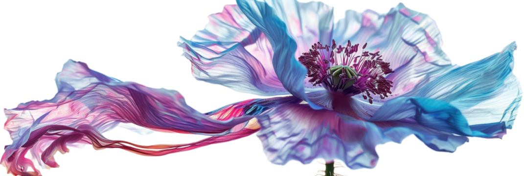 Ethereal Poppy Bloom: A Surreal Floral Masterpiece.  Delicate petals in vibrant purple, blue, and pink hues create a captivating abstract floral image.