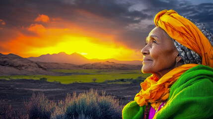 Obraz premium Woman gazing at a vibrant sunset in a serene landscape while wearing colorful traditional attire