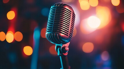 Retro microphone on stage with bokeh lights in the background.