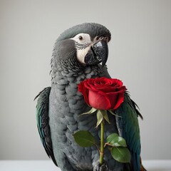 Fototapeta premium A parrot perched next to a red rose bouquet, looking intently at the petals, captured against a clean white surface.