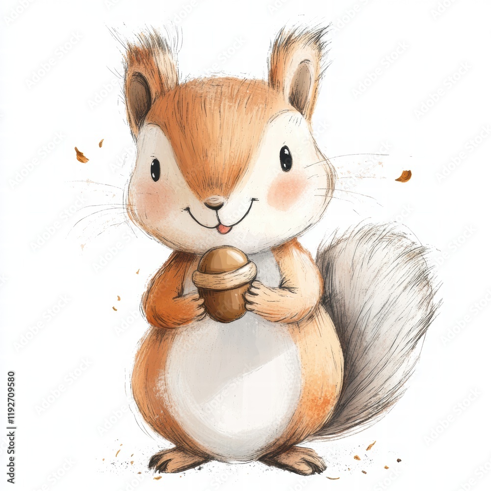 Poster Cute squirrel holding an acorn in a playful illustration with a light background and autumn leaves. Generative AI