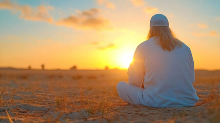 Man in white robe meditates at sunset in a desert, facing the sun, calm background. Ideal for spirituality, peace, or religion themes