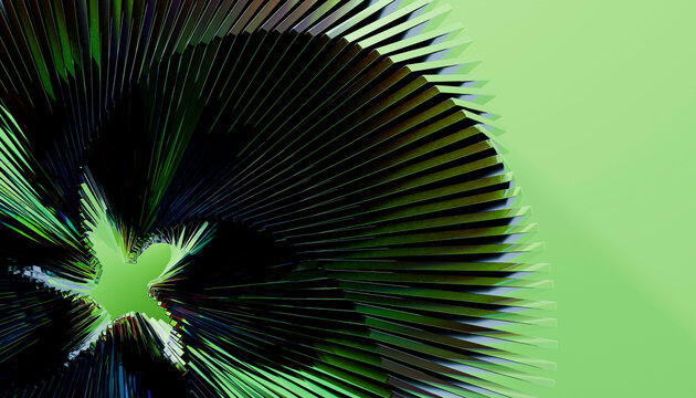 Abstract digital art with black spiky shapes radiating from a central point on a gradient green background