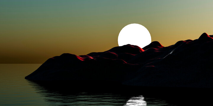 Illustration of sunset over smooth red dunes at a water bed under a clear sky