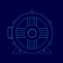 Blue drawing of a motor. The motor is shown in a cross section, with the center of the motor being the focus. The drawing is of a motor that is used to power a machine