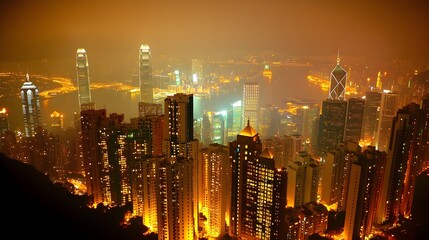 Obraz premium A panoramic view of a bustling city at night, with countless lights illuminating the skyline. The surrounding sky is saturated with light pollution, causing a faint orange glow, which detracts 