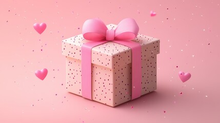 Cute pink gift box with ribbon and hearts on a pastel background