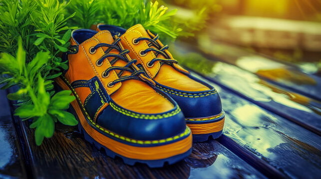 Brightly colored shoes resting on a wooden surface surrounded by fresh greenery in soft evening light