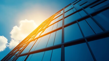 Modern glass skyscraper reflects warm sunlight creating vibrant blue hues. AI Generated