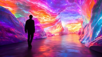 Obraz premium A person with a glowing silhouette walks through a vibrant, dreamlike world, where the ground is a sea of flowing, colorful patterns. The sky is alive with swirling galaxies, representing the 