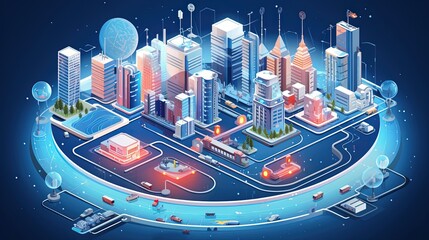 3d isometric smart city AI generated illustration. Energy power technology iot concept. Global network connection with engineering networks, green electric power