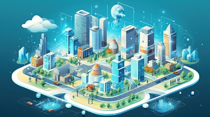 3d isometric smart city AI generated illustration. Energy power technology iot concept. Global network connection with engineering networks, green electric power