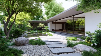 Tranquil Japanese Garden with Stones and Modern Architecture in Fantasy World