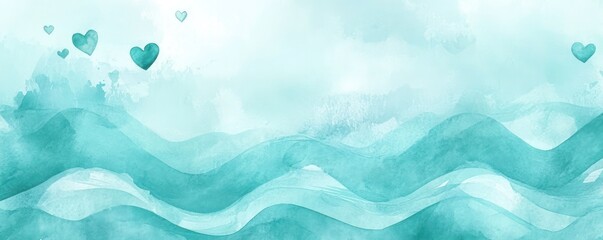 Obraz premium Soft watercolor background in shades of turquoise and teal with gentle waves and heart motifs
