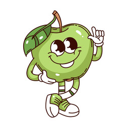 Groovy green apple cartoon character standing in confident pose. Funny retro cute smile and finger pointing up of apple personage. Fruit mascot, cartoon sticker of 70s 80s style vector illustration