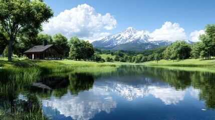 Tranquil Fantasy Mountain Landscape With Reflections on Calm Water Surface