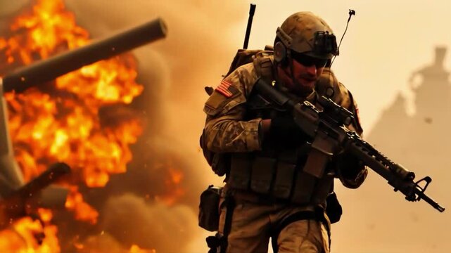 Video of a soldier running through an explosion. Great for war chronicles, war films, extreme video game adverts.
