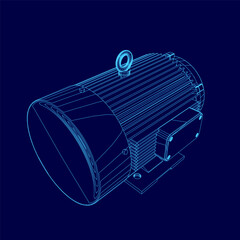 Blue drawing of a motor. The motor is shown in a 3D format, with a blue background. The motor is a large, powerful piece of machinery, and the drawing conveys a sense of strength and power