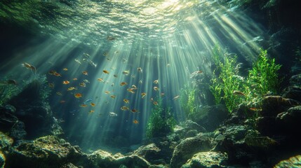 Obraz premium Underwater habitat design featuring scenic aquatic elements on rocky reef backdrop, marine design theme