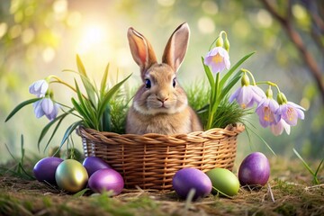 The banner. Easter bunny in a basket with colorful Easter eggs around spring snowdrops and primroses. The concept of the Easter spring festival.