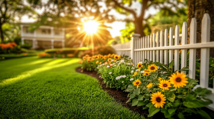 Bright sunflowers bloom in a well-kept garden during golden hour, showcasing vibrant colors and gentle sunlight near a white picket fence