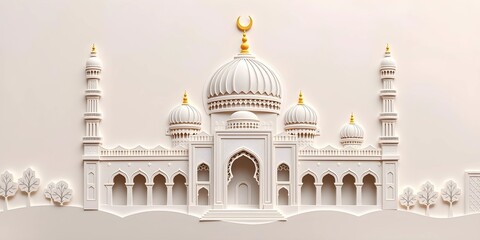 Obraz premium Intricate Paper Cut-Out Mosque Art with Domes and Arches