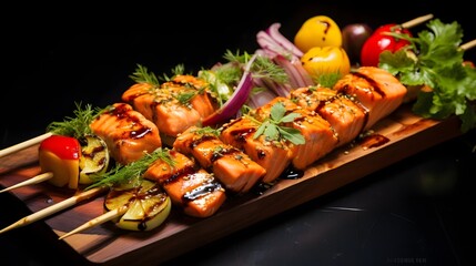 Grilled to Perfection Salmon Skewers Served on a Platter with an Assortment of Colorful and Flavorful Vegetables Ready to Enjoy as a Delightful Appetizer or Main Course