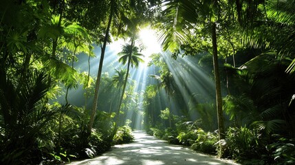 Lush Dense Jungle with Sunlight Filtering Through Canopy and Pathway Ahead