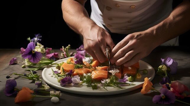 Skilled Chef Arranging a Beautifully Presented Plate of Delicate Salmon Tartare Dish Decorated with Vibrant and Edible Floral Accents for a Sophisticated Culinary Experience