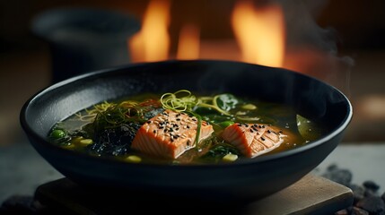 Steaming hot bowl of savory miso based salmon soup with cubes of soft tofu and fresh seaweed a nourishing and delicious Japanese culinary delight