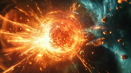 Obraz premium A close-up of an atomic nucleus undergoing fission, with powerful radiation waves radiating outward and glowing particles symbolizing the immense energy released during the process 