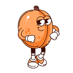 Groovy peach cartoon character with cute face walking. Funny retro ripe peach personage smiling. Fruit of summer garden mascot, cartoon happy apricot sticker of 70s 80s style vector illustration