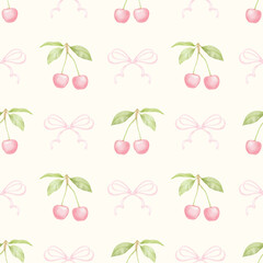 Cherries, bows. Watercolor seamless pattern in pastel colors for textiles and wrapping paper. Cute children's illustration
