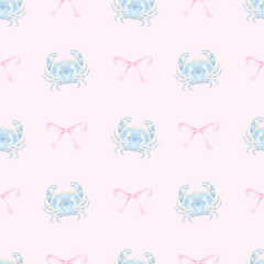 crab, bow. Watercolor seamless pattern in pastel colors. Cute seafood illustration for textile and wrapping paper