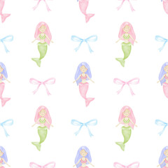 mermaid, bow. Watercolor seamless pattern in pastel colors for textile and wrapping paper. Cute underwater world illustration for kids