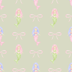 mermaid, bow. Watercolor seamless pattern in pastel colors for textile and wrapping paper. Cute underwater world illustration for kids