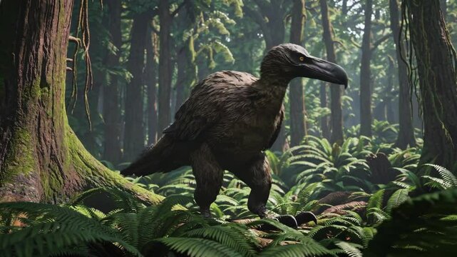Majestic Terrorbird Roaming a Dense Woodland