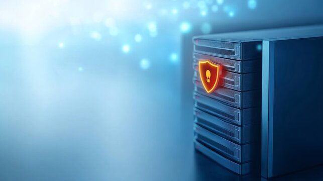 Secure Server Data Center Cybersecurity Protection Glowing Shield. AI Generated