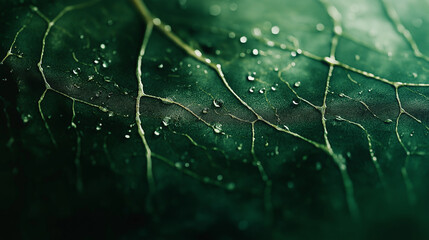 A delicate pattern of a green leaf, with raindrops sparkling in natural