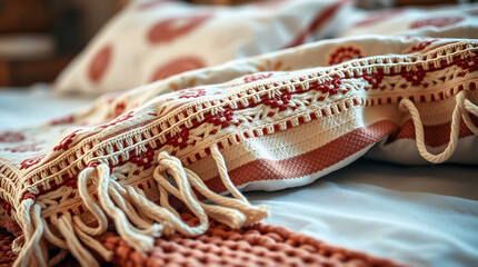 Close-up of a Cozy Knitted Throw Blanket with Intricate Red and Beige Pattern, Perfect for a Relaxing Bedroom Atmosphere