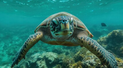 Fototapeta premium Underwater Sea Turtle, Coral Reef, Ocean