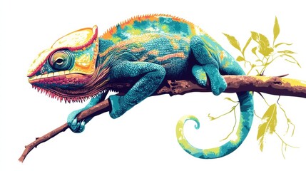 Naklejka premium Colorful chameleon resting on a branch in a vibrant tropical habitat surrounded by green leaves. Generative AI