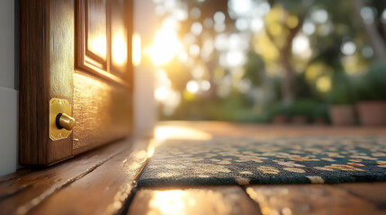 Open wooden door, sunlit porch, garden background.  Perfect for real estate, home decor, or welcoming imagery